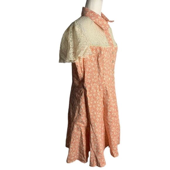 Vintage Lace Yoke Mini Shirt Dress Womens M Pink Floral Country Western - Picture 7 of 7